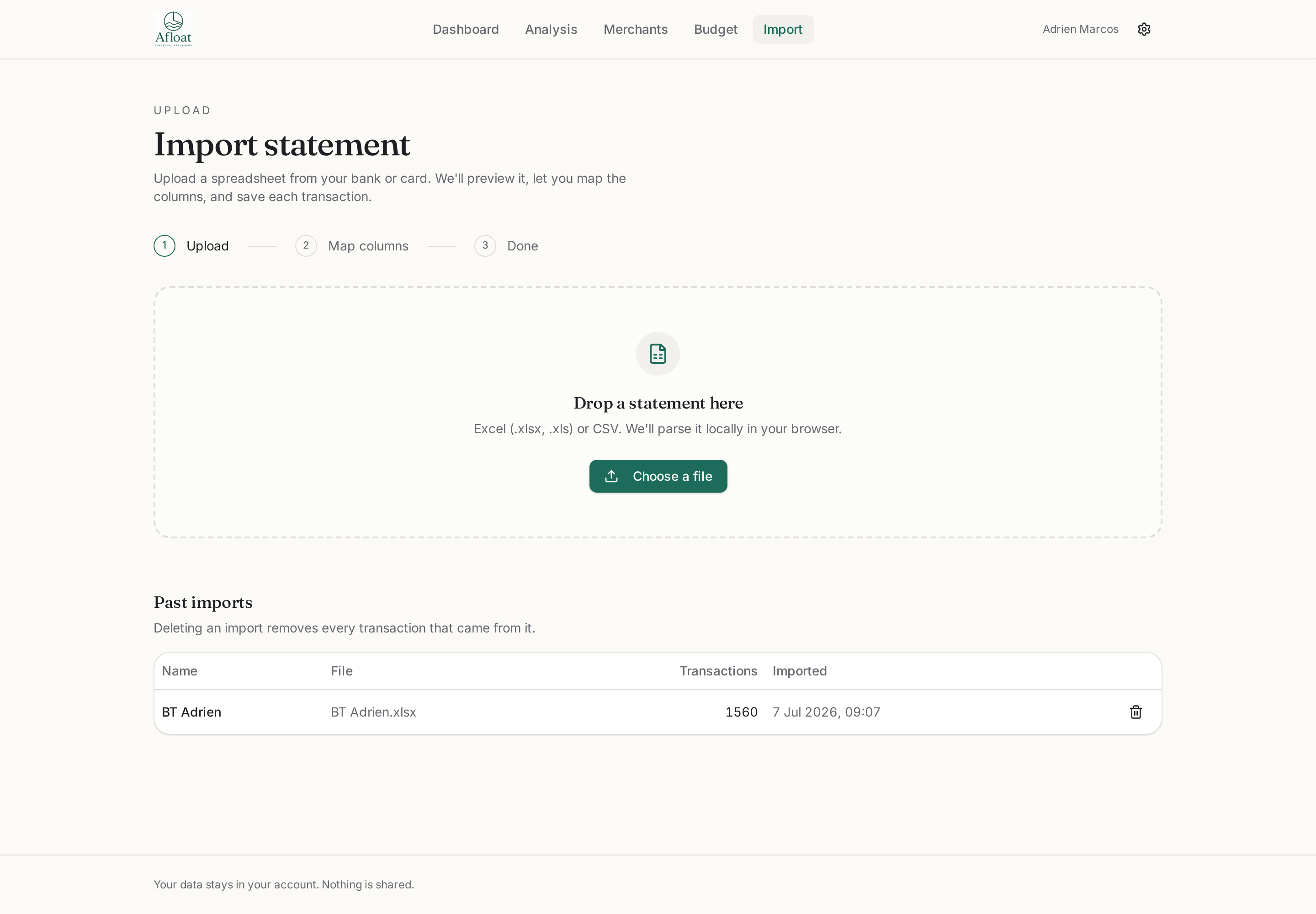 Import and column mapping screen
